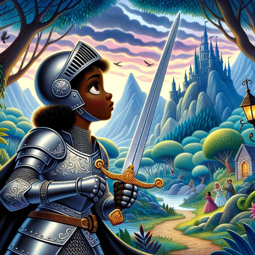 Une illustration pour enfants représentant une chevalière intrépide se lançant dans une quête périlleuse à la recherche d'un trésor mystérieux, dans un royaume enchanté.