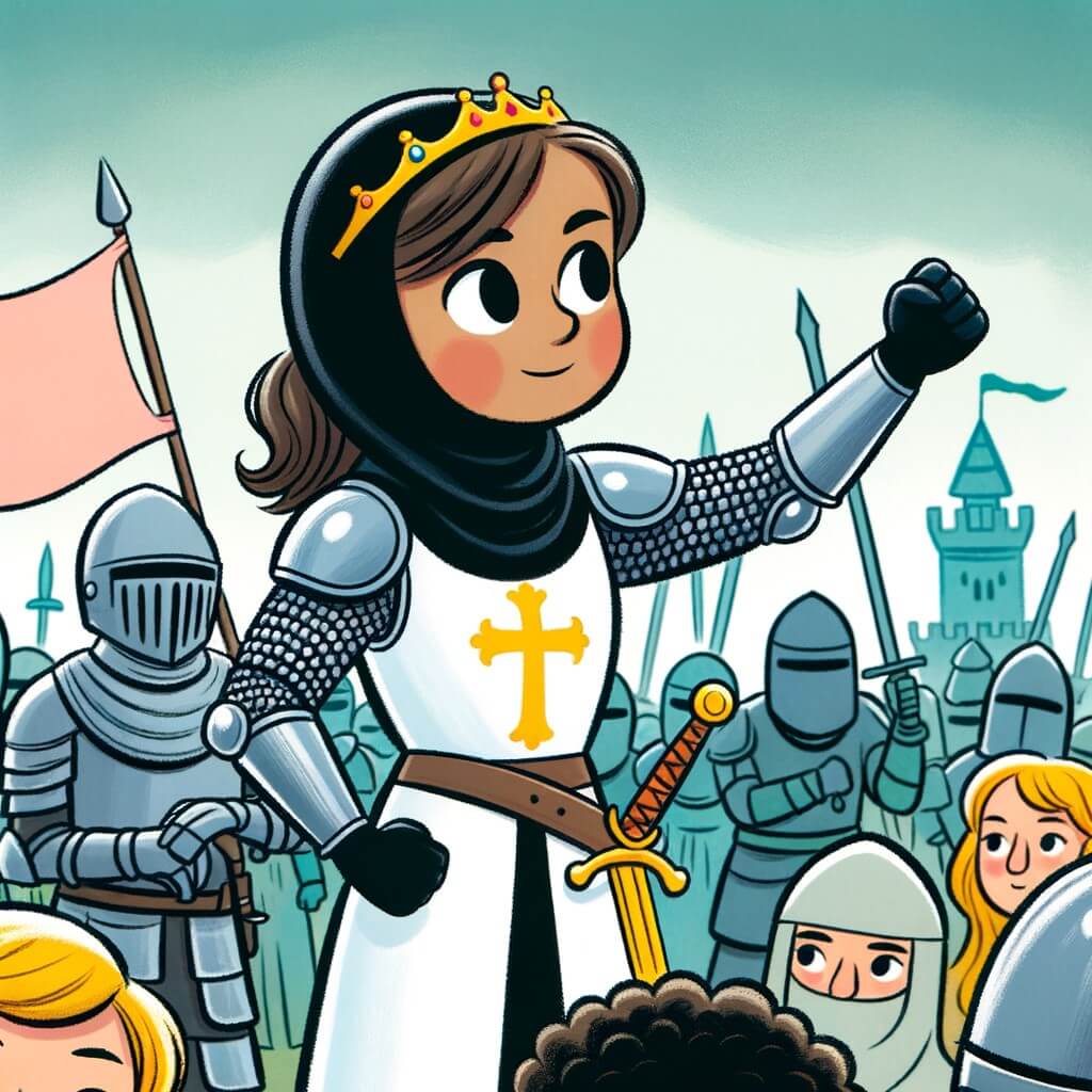 Une illustration pour enfants représentant une chevalière intrépide, face à une armée ennemie, dans un royaume lointain.