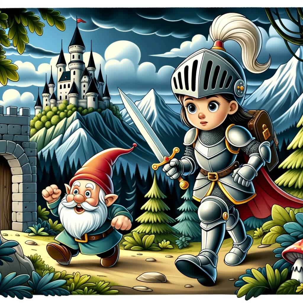 Une illustration destinée aux enfants représentant une chevalière intrépide, sur le point de partir à l'aventure pour récupérer un objet magique volé, accompagnée d'un petit lutin malicieux, dans un château fortifié entouré de montagnes escarpées et de forêts sombres.