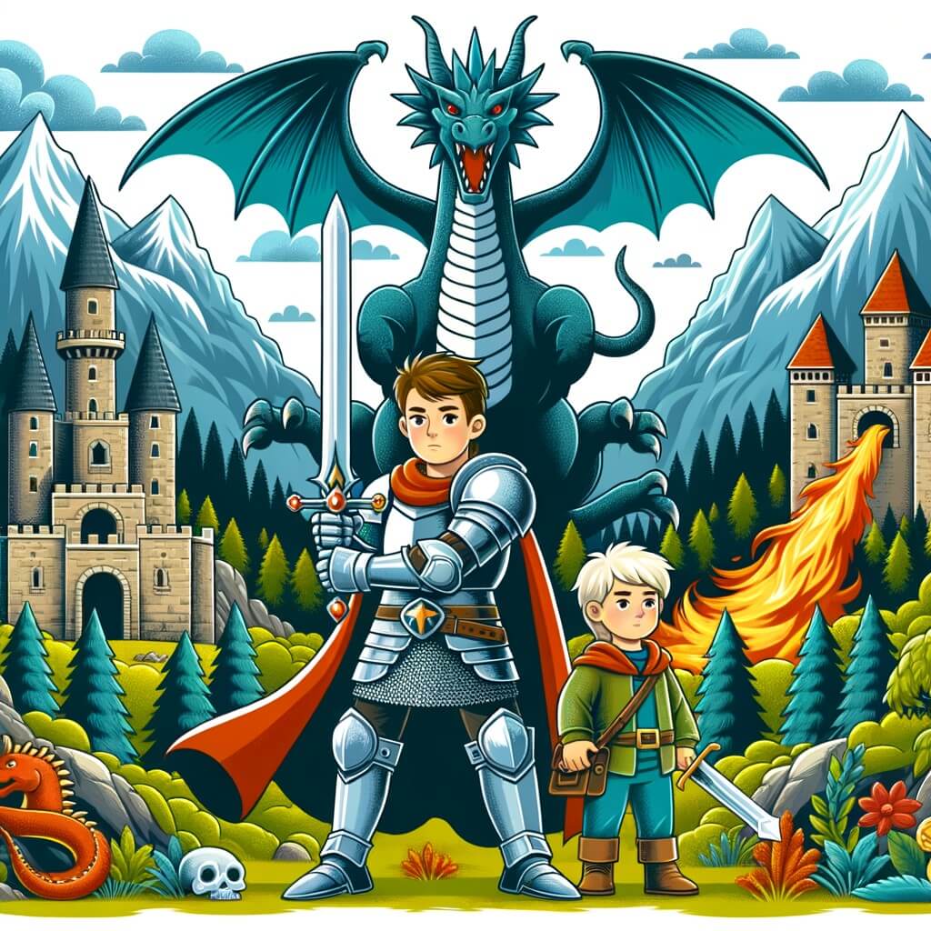 Une illustration pour enfants représentant un chevalier courageux protégeant sa ville contre un ennemi mystérieux, dans un monde fantastique et médiéval.