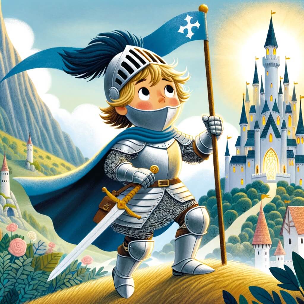 Une illustration pour enfants représentant un courageux chevalier se lançant dans une quête épique à travers un royaume lointain et enchanté.