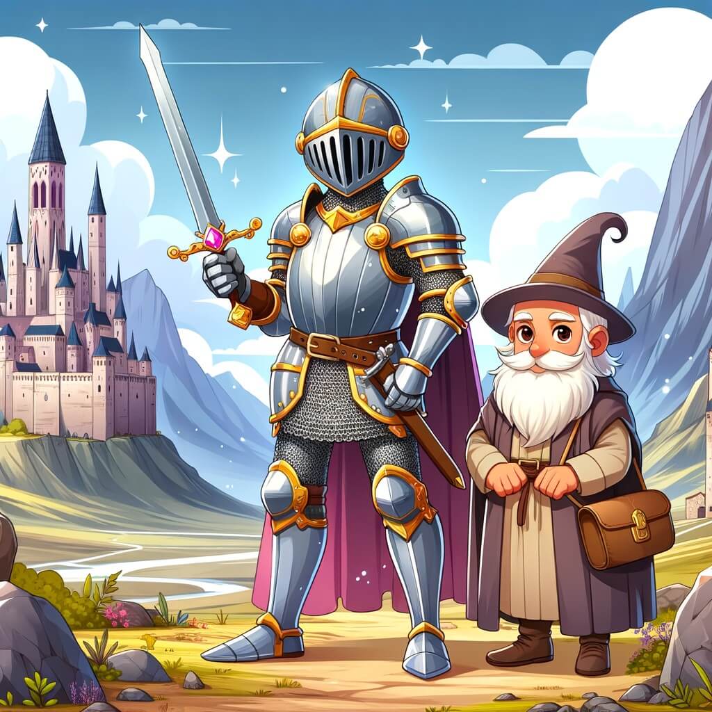 Une illustration destinée aux enfants représentant un courageux chevalier, arborant une armure étincelante et tenant une épée magique, se trouvant dans une terre inconnue aux montagnes escarpées, accompagné d'un sage vieil homme, dans un royaume lointain appelé Castille, rempli de châteaux majestueux et de paysages enchanteurs.