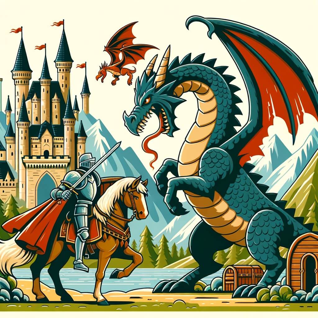 Une illustration destinée aux enfants représentant un chevalier courageux, prêt à combattre un dragon redoutable, accompagné de son fidèle destrier, dans un royaume médiéval avec un château imposant et des montagnes majestueuses en arrière-plan.
