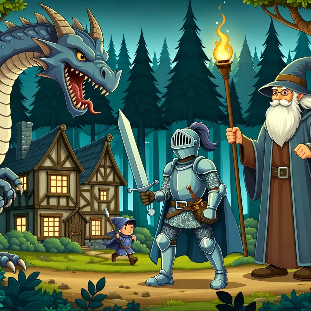 Une illustration destinée aux enfants représentant un chevalier courageux, prêt à affronter un dragon féroce, accompagné d'un vieux sorcier sage, dans un village pittoresque au milieu d'une forêt dense et sombre.