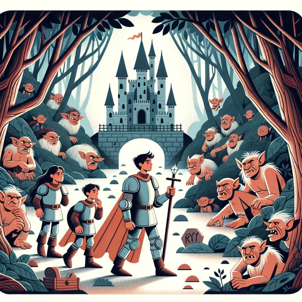 Une illustration pour enfants représentant un chevalier courageux partant à la recherche d'un objet magique perdu dans une forêt interdite et dangereuse.