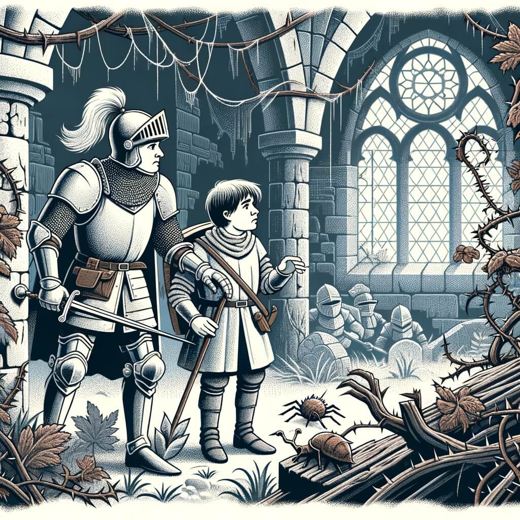 Une illustration destinée aux enfants représentant un chevalier intrépide, plongé dans une quête périlleuse pour trouver un artefact magique, accompagné de son fidèle écuyer, dans un château abandonné envahi par les ronces et les toiles d'araignées.