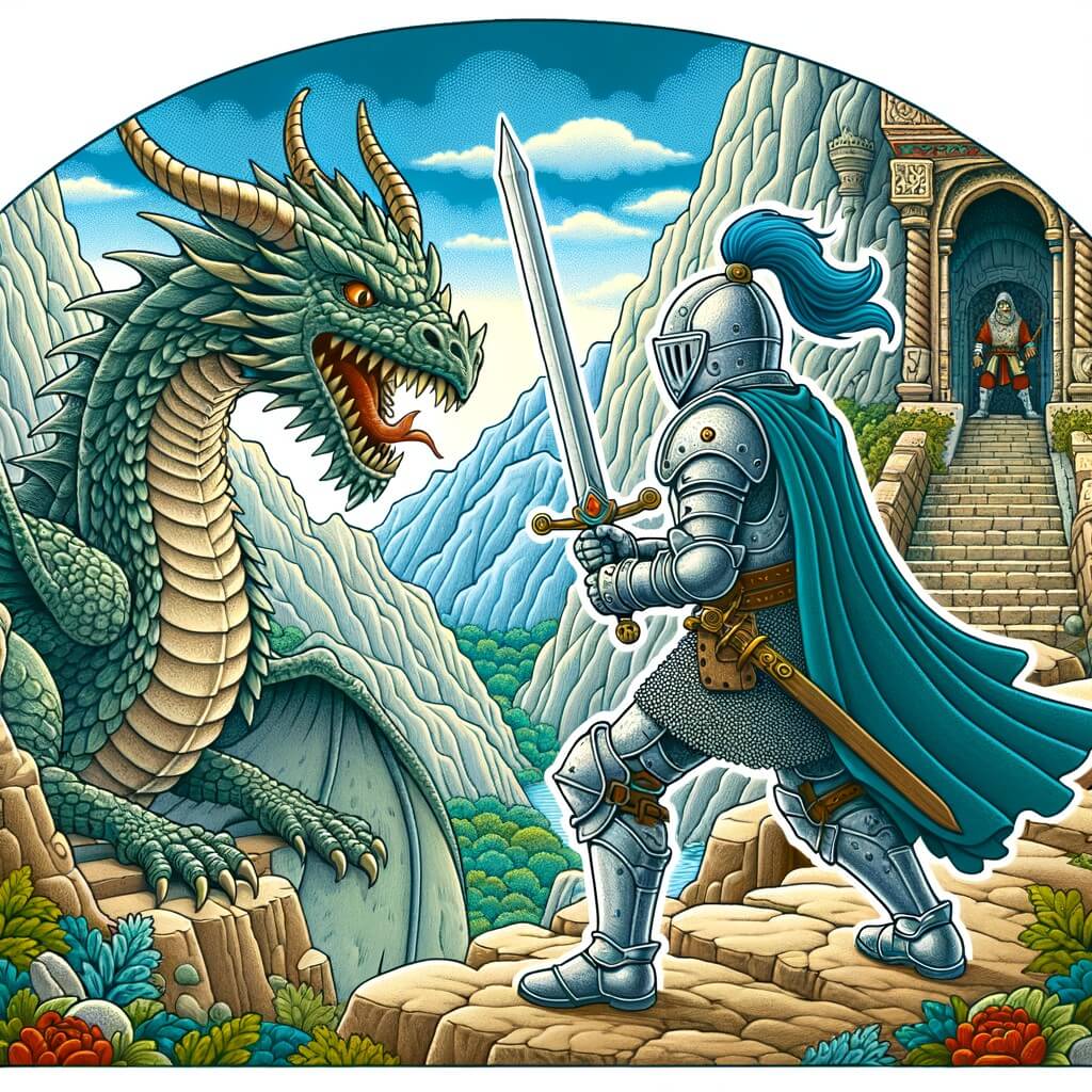 Une illustration destinée aux enfants représentant un chevalier courageux, en armure étincelante, affrontant un dragon redoutable dans un temple ancien perdu au sommet d'une montagne escarpée.