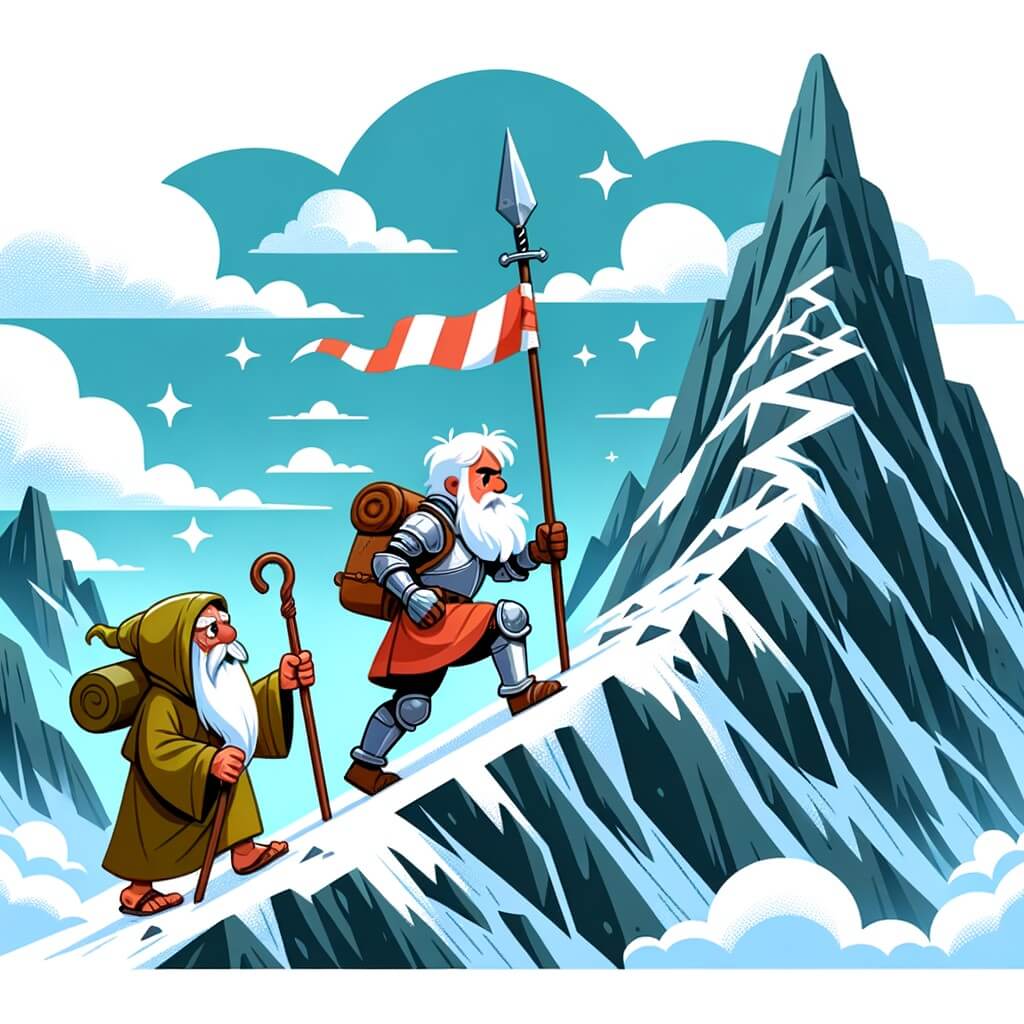 Une illustration destinée aux enfants représentant un chevalier courageux et déterminé, se lançant dans une quête périlleuse accompagné d'un vieil ermite, à travers une montagne escarpée et dangereuse, à la recherche de l'épée magique d'Excalibur.