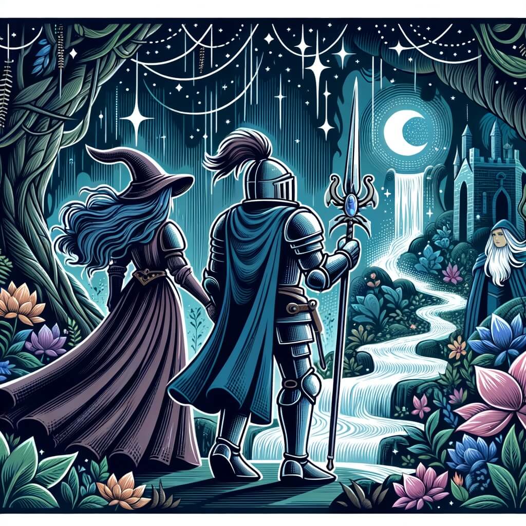 Une illustration destinée aux enfants représentant un chevalier courageux se lançant dans une quête épique, accompagné d'un enchanteur mystérieux, à la recherche de la pierre de lune, dans une forêt sombre et mystique parsemée de fleurs magiques et de cascades étincelantes.