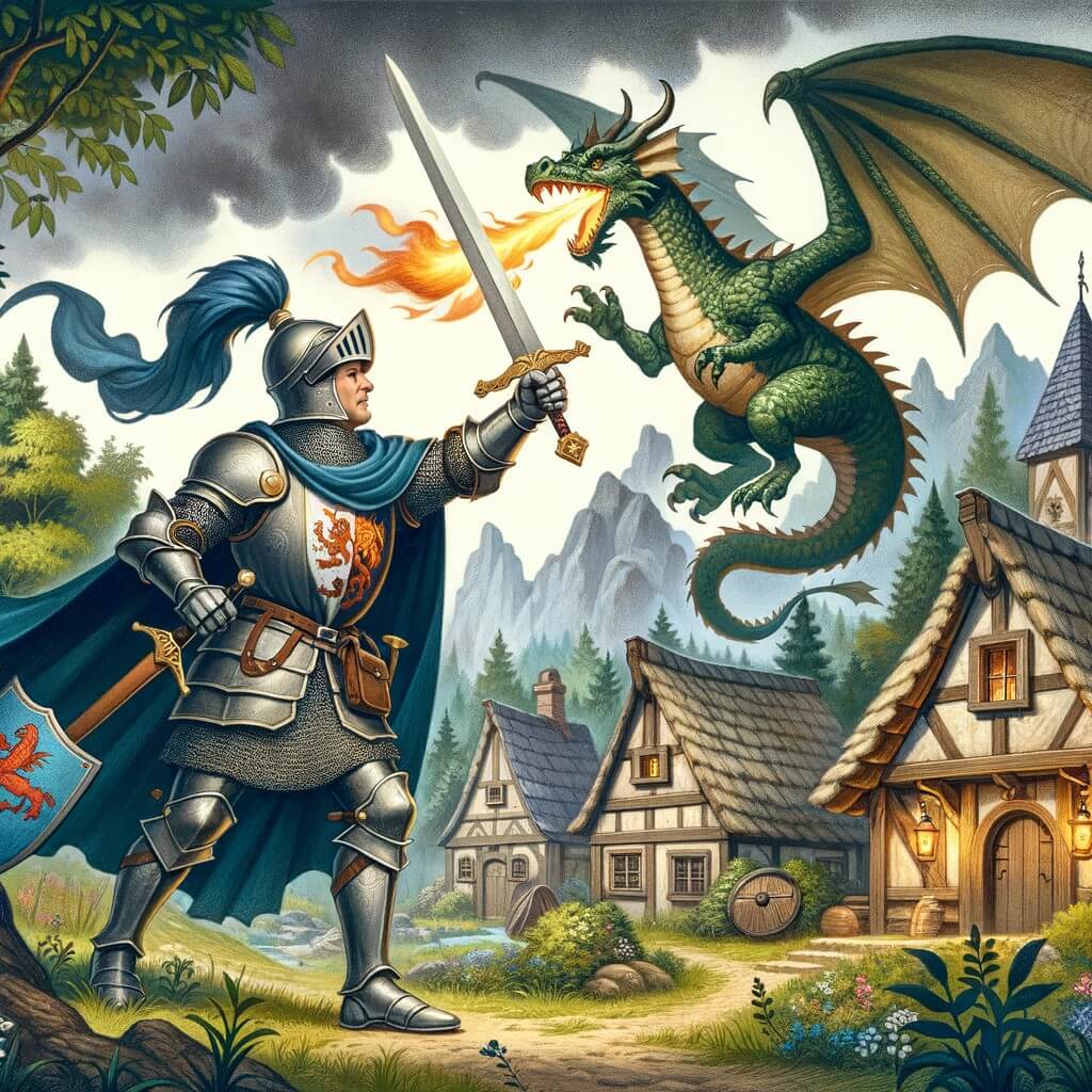 Une illustration pour enfants représentant un courageux chevalier se lançant dans une quête périlleuse pour sauver son village d'un dragon redoutable, dans un royaume enchanté.