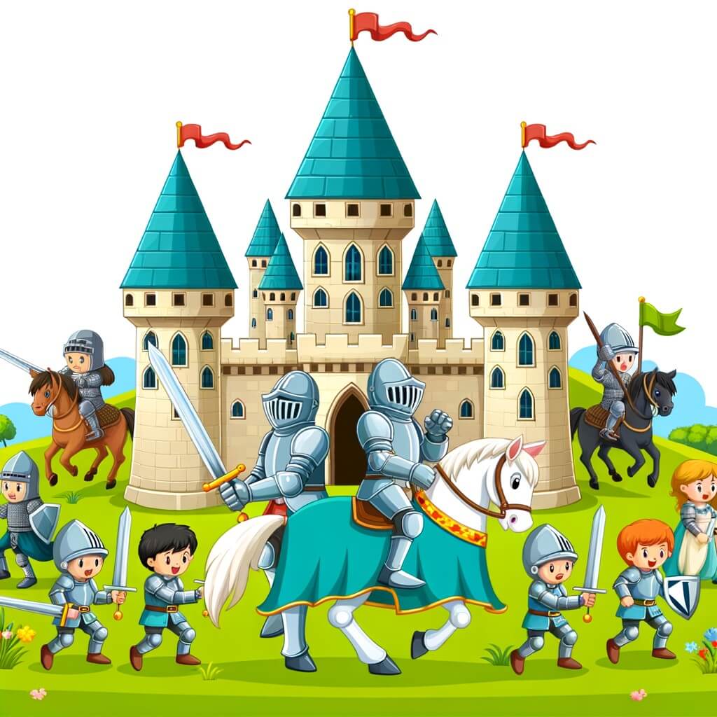 Une illustration destinée aux enfants représentant un chevalier courageux, accompagné de ses fidèles compagnons, combattant vaillamment une armée ennemie dans un château majestueux perché au sommet d'une colline verdoyante.