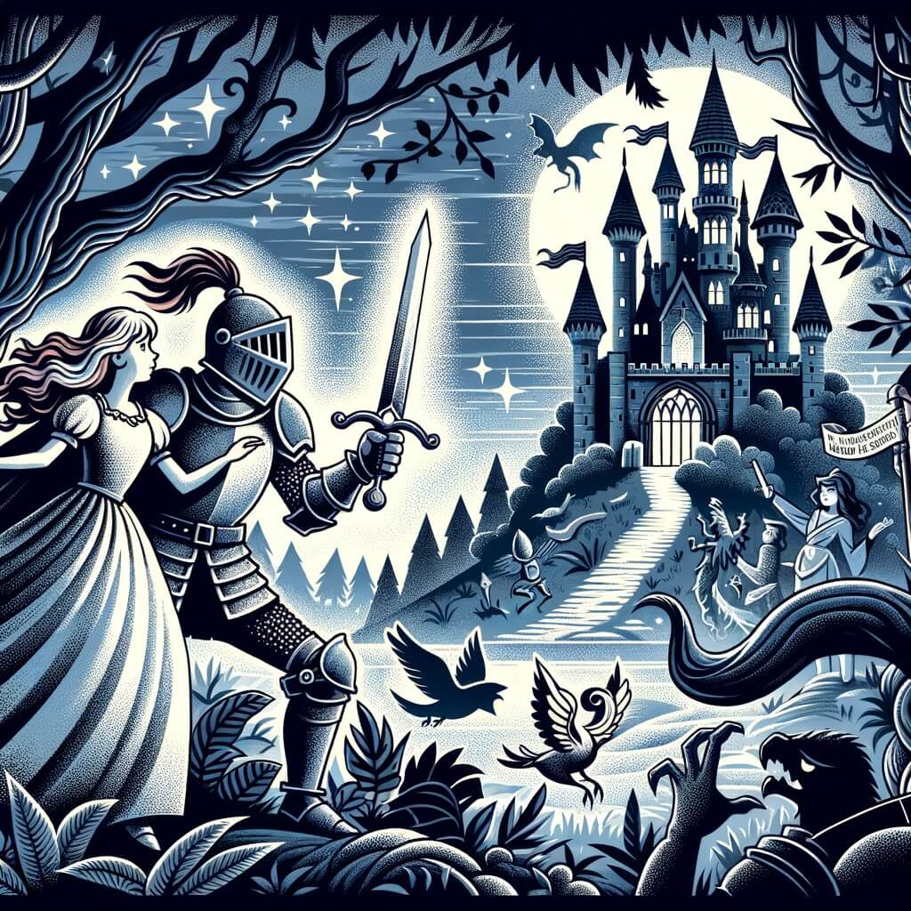 Une illustration pour enfants représentant un chevalier courageux se trouvant dans un château sombre et effrayant, prêt à sauver une princesse emprisonnée.