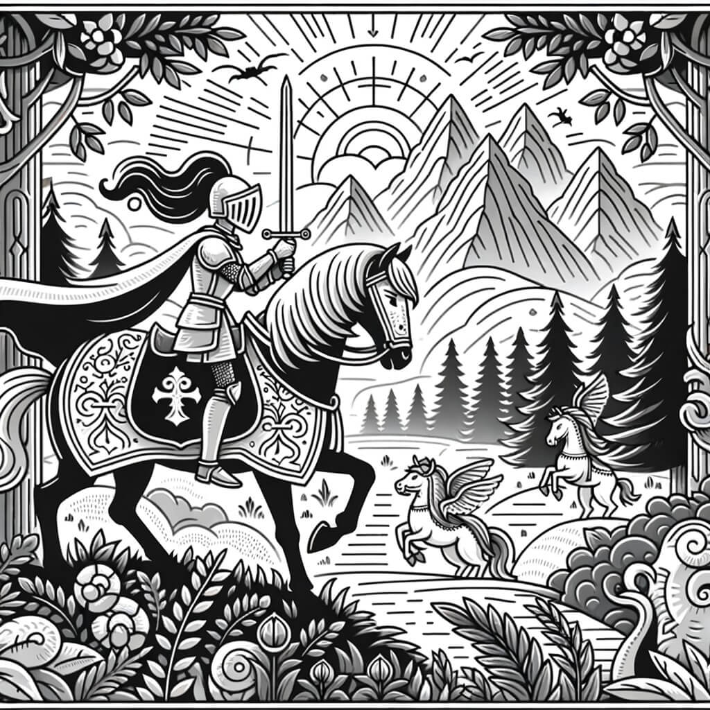 Une illustration destinée aux enfants représentant une chevalière courageuse, affrontant une malédiction dans un royaume enchanté, accompagnée de créatures magiques, dans une forêt mystérieuse entourée de montagnes majestueuses.