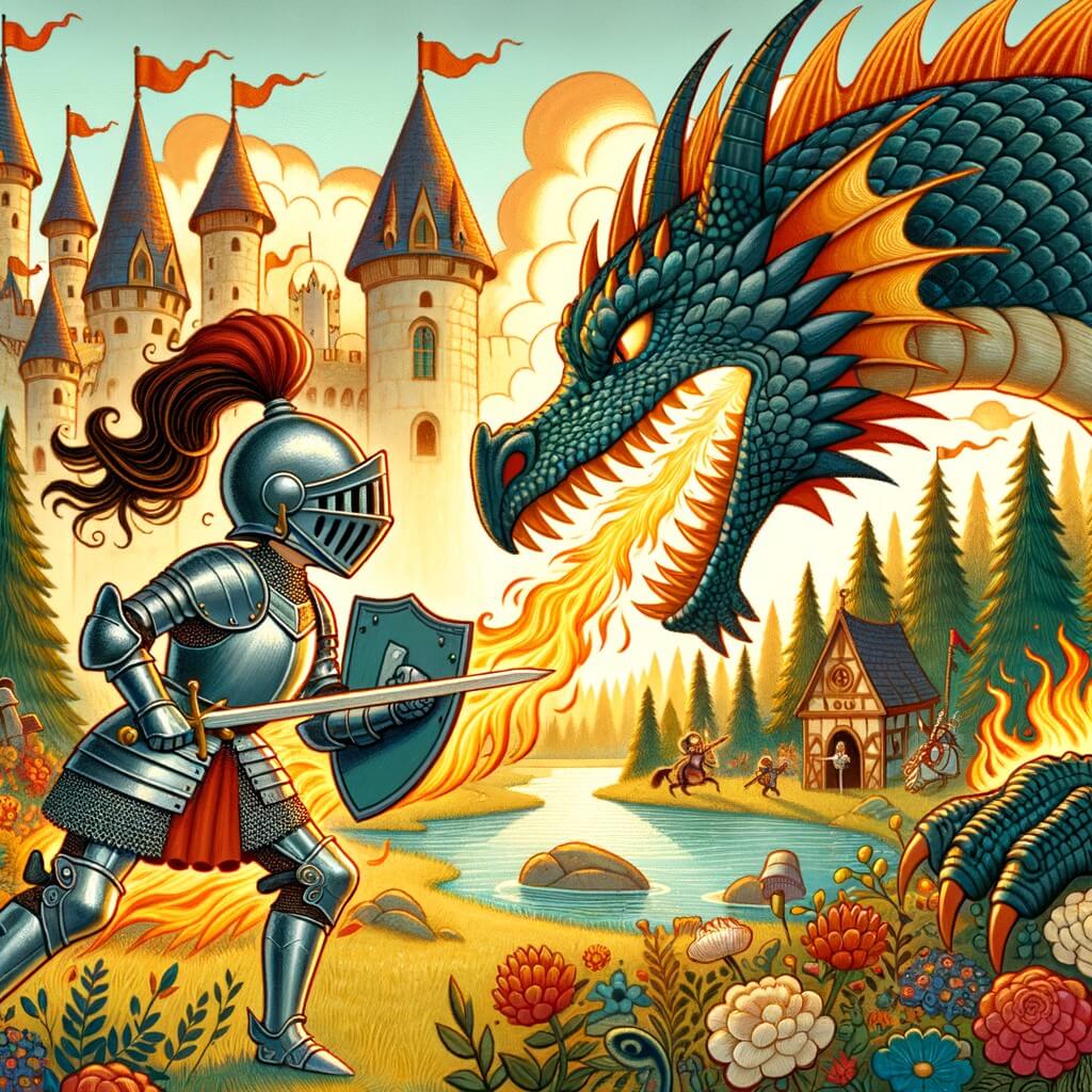 Une illustration pour enfants représentant une chevalière intrépide, affrontant un dragon féroce dans un royaume médiéval enchanté.