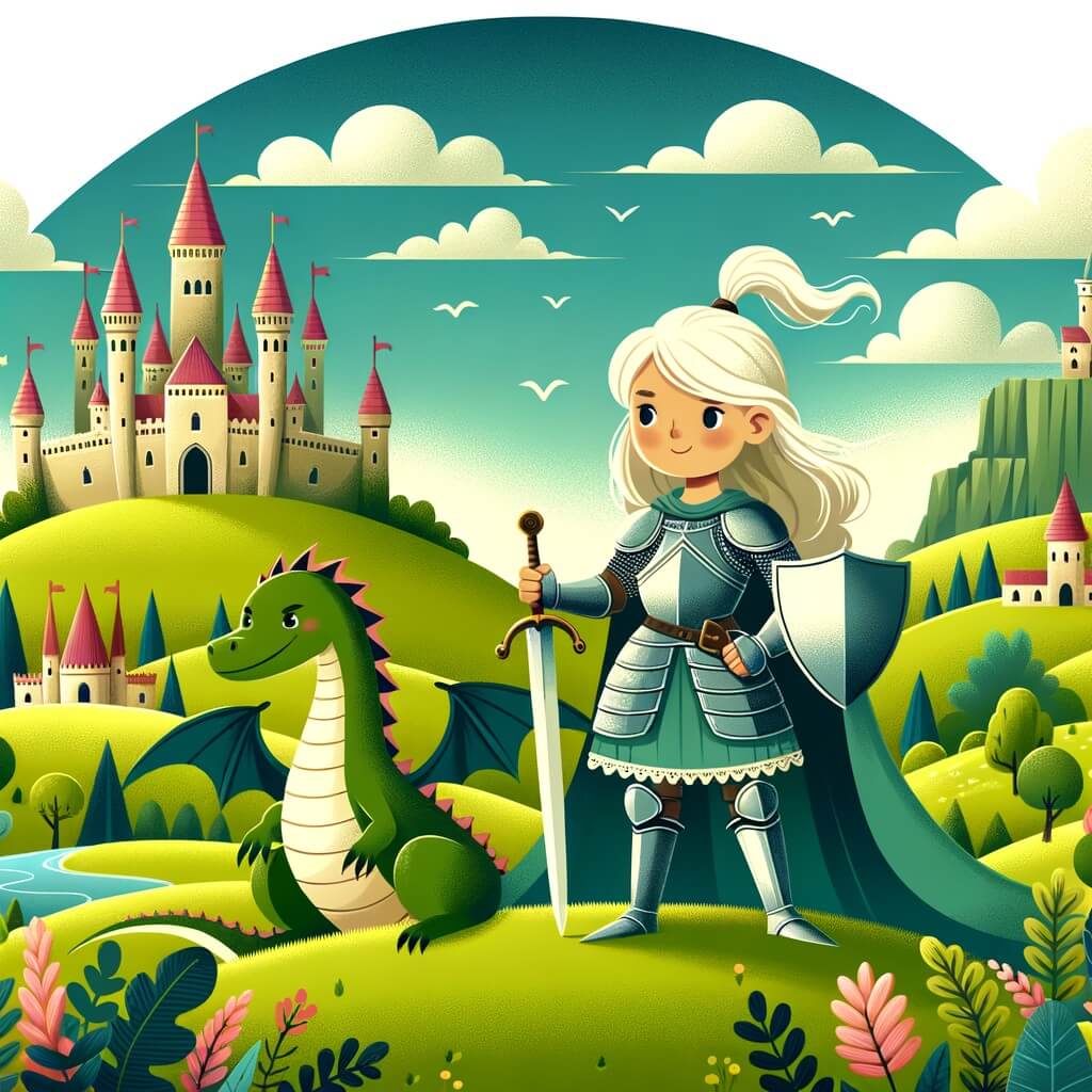 Une illustration destinée aux enfants représentant une chevalière intrépide se tenant fièrement au sommet d'une colline verdoyante, accompagnée d'un fidèle dragon, dans un royaume médiéval rempli de châteaux majestueux et de prairies enchantées.