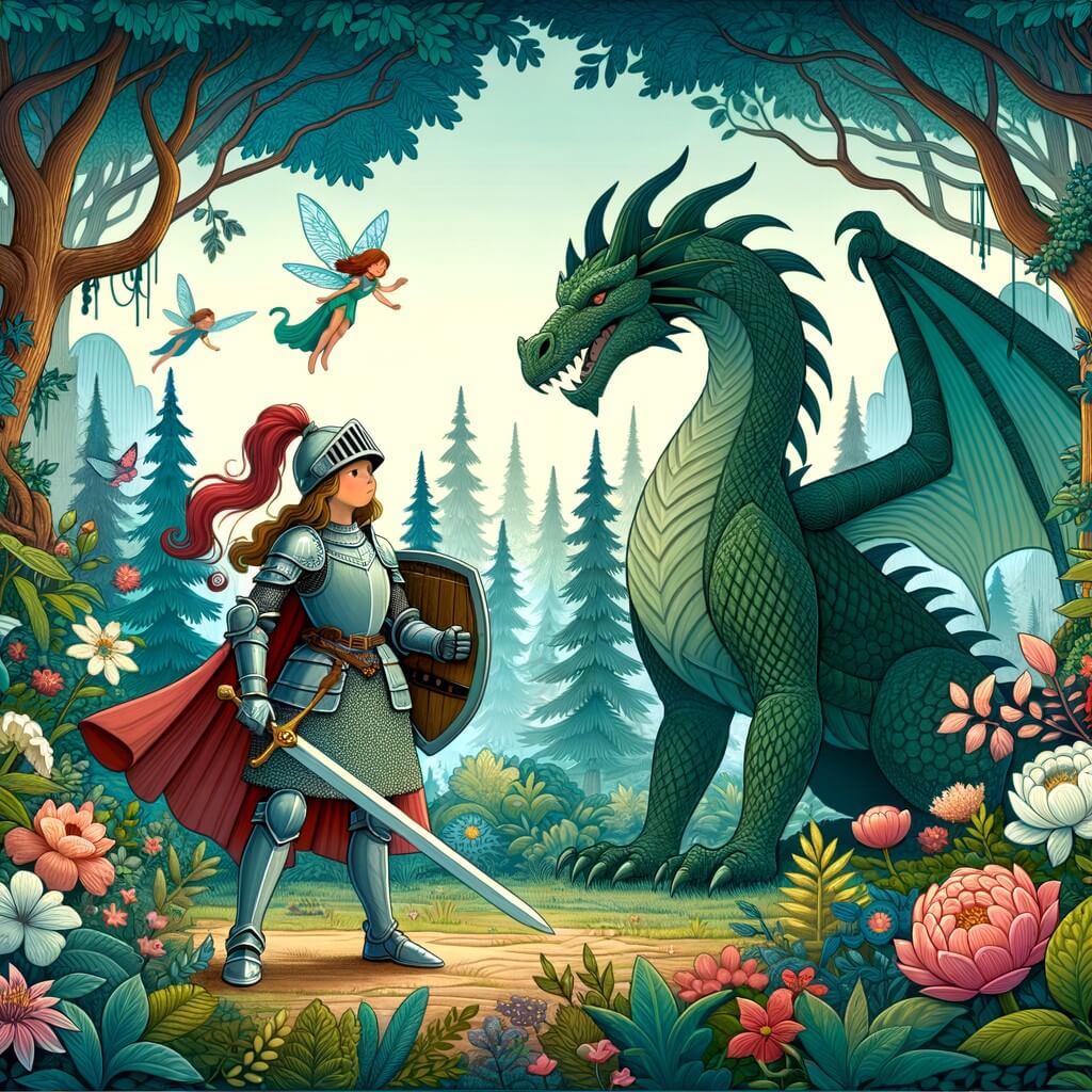 Une illustration destinée aux enfants représentant une chevalière courageuse, se tenant fièrement devant un dragon redoutable, dans une forêt enchantée avec des arbres majestueux, des fleurs colorées et des fées virevoltantes.