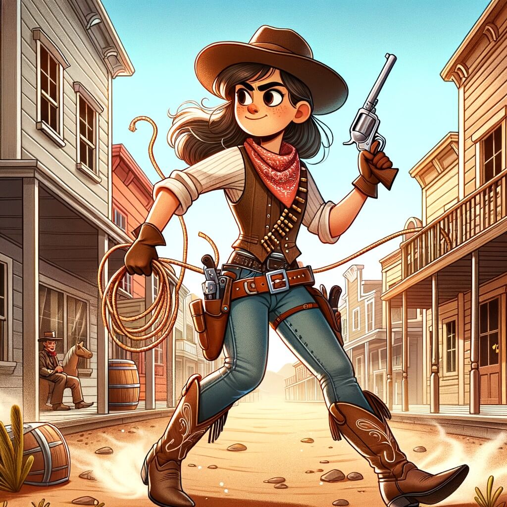 Une illustration pour enfants représentant une cow-girl audacieuse défiant les bandits dans l'Ouest sauvage de Dusty Creek.