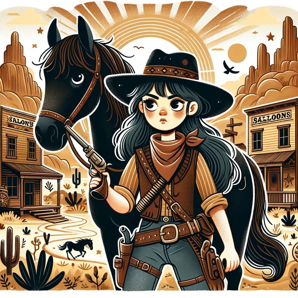 Une illustration destinée aux enfants représentant une courageuse cowgirl, perdue dans un paysage sauvage de l'Ouest américain, accompagnée de son fidèle cheval noir, dans une petite ville poussiéreuse remplie de saloons et de chercheurs d'or.