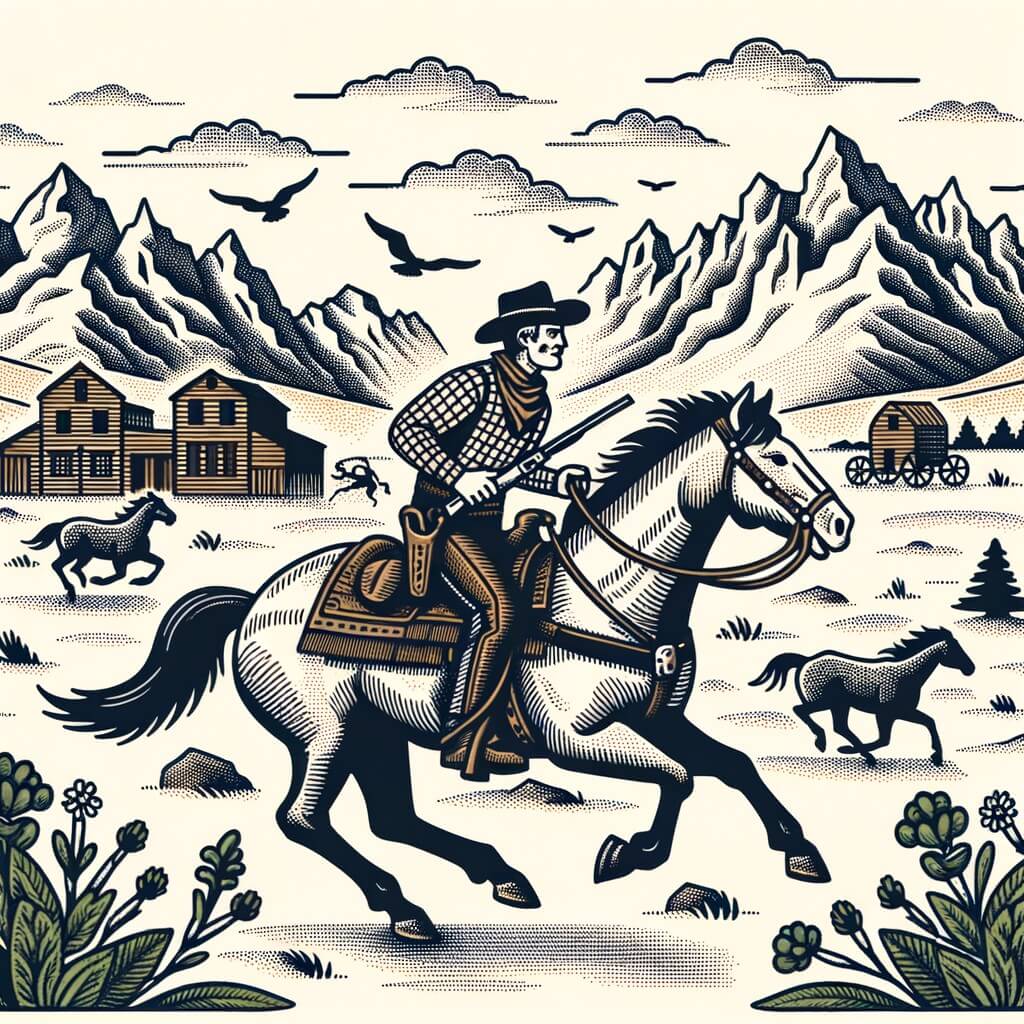 Une illustration destinée aux enfants représentant un cow-boy courageux, monté sur son fidèle cheval, luttant contre la violence des bagarres dans une petite ville de l'Ouest américain, entourée de vastes plaines et de majestueuses montagnes.