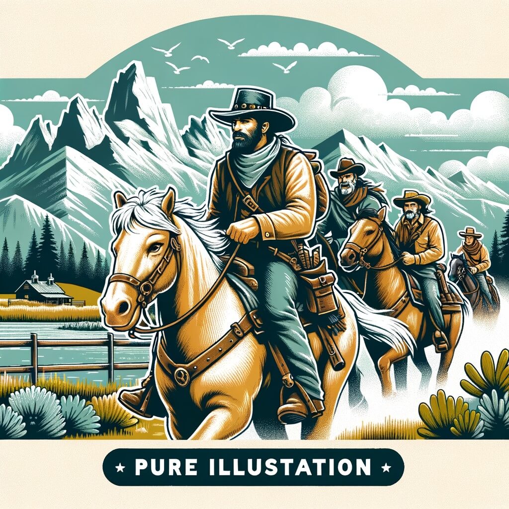 Une illustration destinée aux enfants représentant un cow-boy courageux chevauchant à travers les vastes plaines de l'Ouest sauvage, accompagné de ses fidèles amis, à la recherche d'un trésor caché dans les majestueuses montagnes rocheuses.