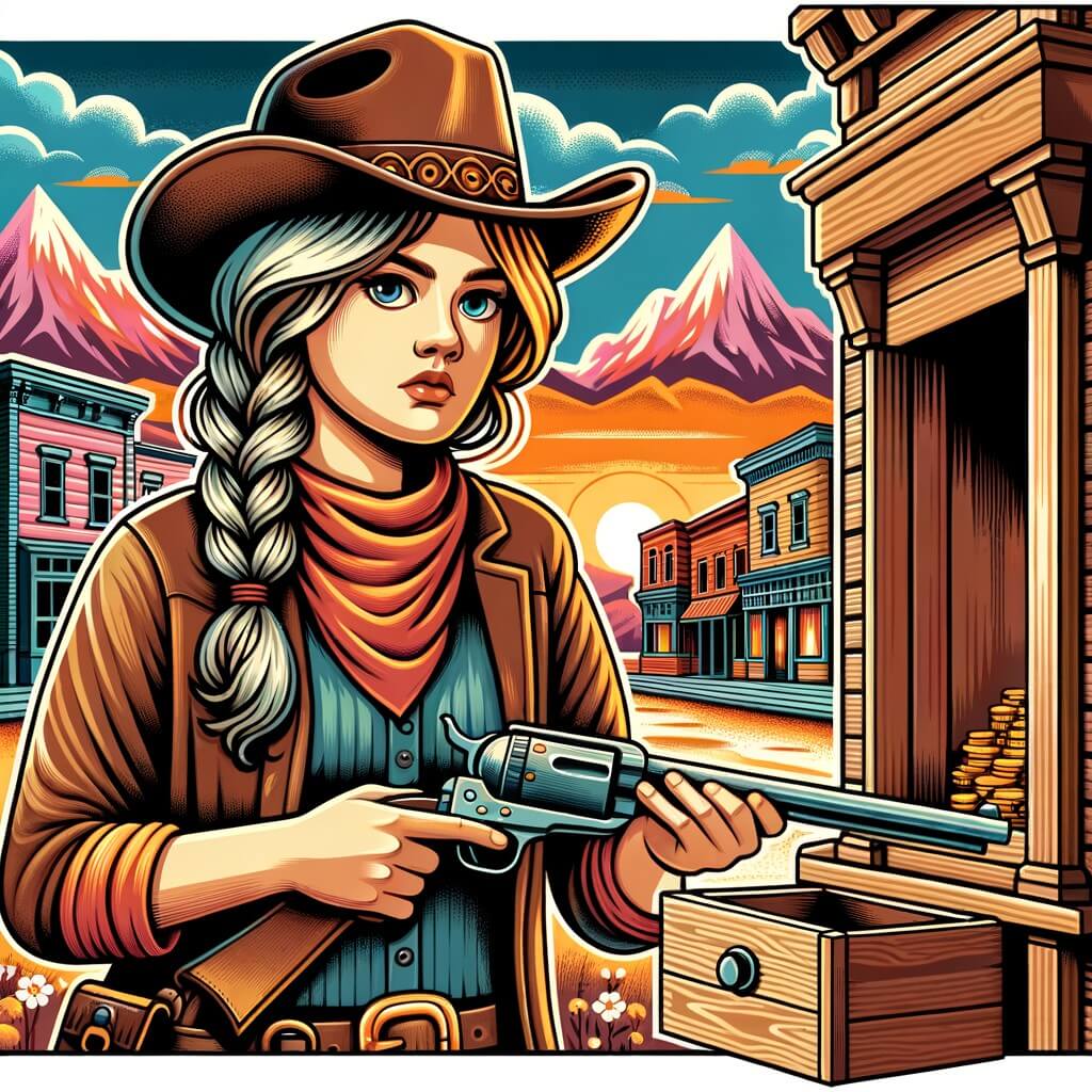 Une illustration destinée aux enfants représentant une cow-girl audacieuse, portant un chapeau de cow-boy et un pistolet, défendant courageusement une banque en bois dans une petite ville de l'ouest américain, avec des montagnes majestueuses en arrière-plan et un coucher de soleil coloré.
