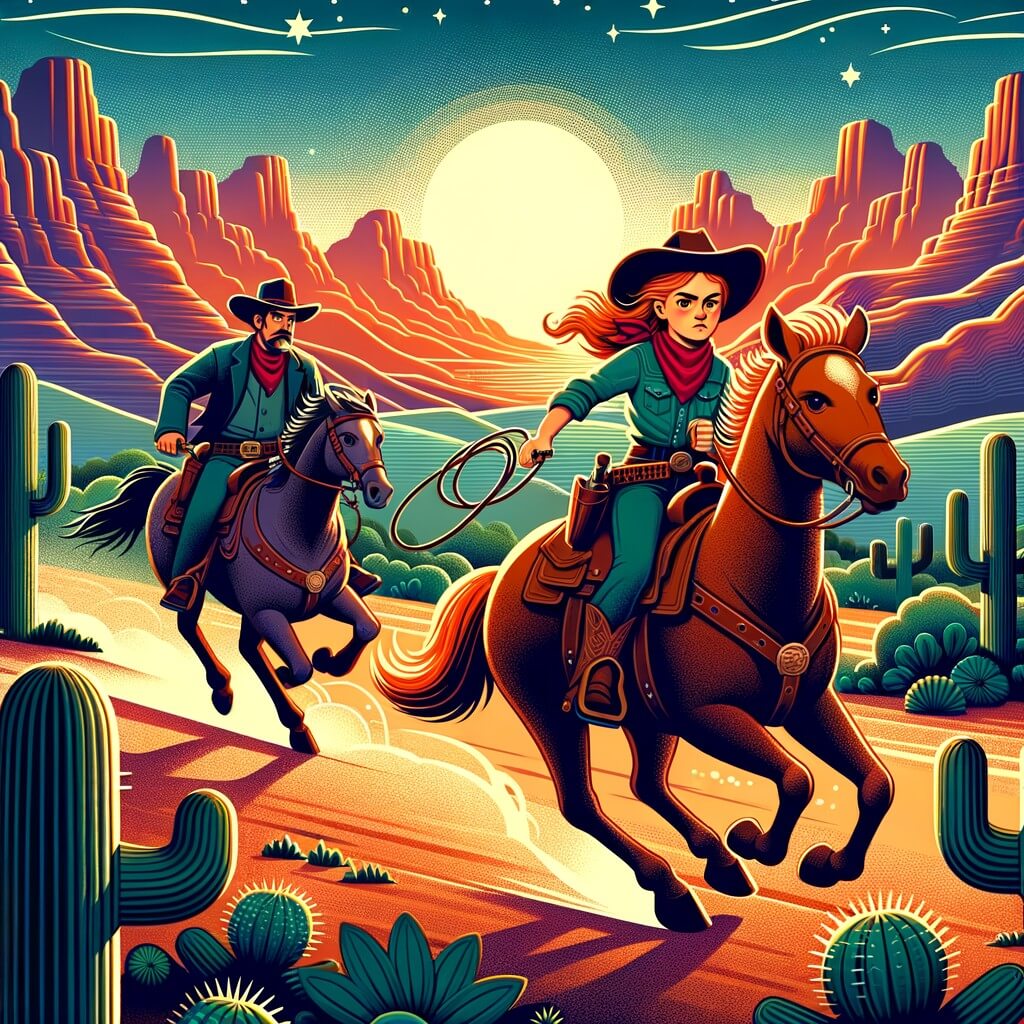 Une illustration destinée aux enfants représentant une jeune cow-girl audacieuse à cheval, poursuivant des bandits à travers les majestueuses montagnes de l'Ouest sauvage, avec un lasso à la main et un courageux shérif à ses côtés, dans un paysage vallonné parsemé de cactus et baigné par un magnifique coucher de soleil aux couleurs chaudes et chatoyantes.