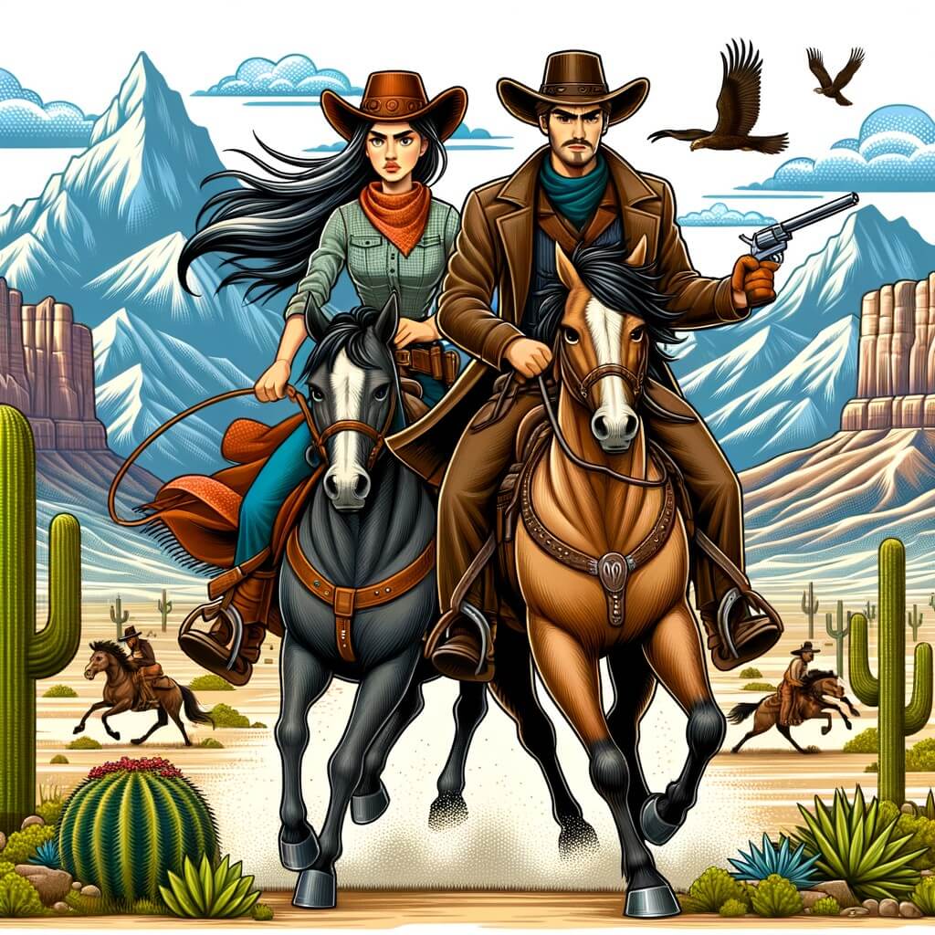 Une illustration pour enfants représentant une cow-girl courageuse et fière, qui se bat contre un cow-boy arrogant dans les vastes plaines de l'Ouest américain.
