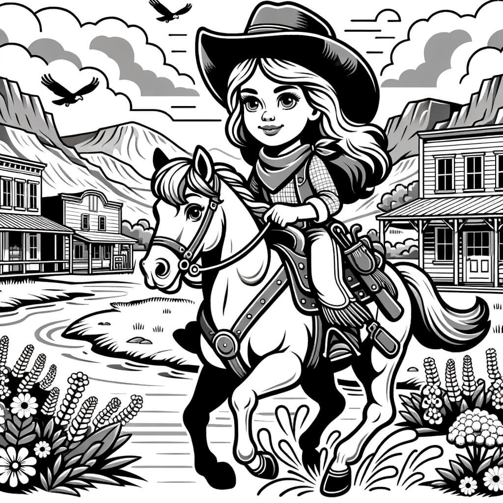 Une illustration pour enfants représentant une cow-girl courageuse, vivant dans l'Ouest sauvage, qui réalise son rêve en participant à un grand concours de cow-boys et cow-girls dans la petite ville de Dusty Creek.