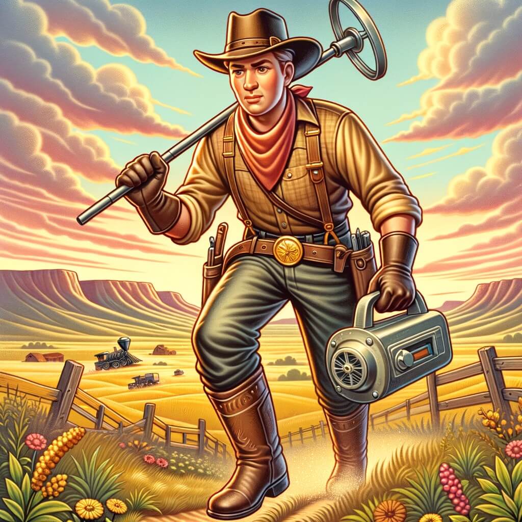 Une illustration pour enfants représentant un courageux cow-boy qui part à la recherche de l'or dans les vastes plaines de l'Ouest américain.