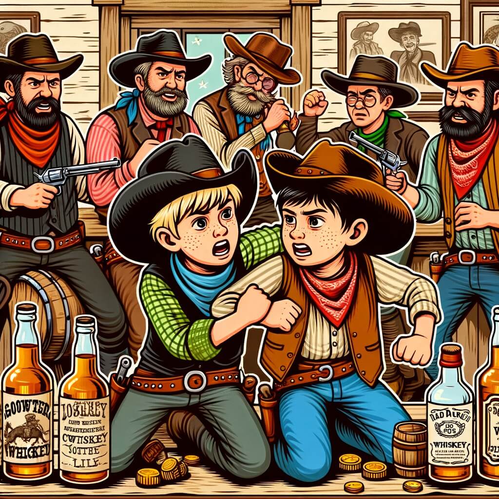 Une illustration destinée aux enfants représentant un jeune cow-boy courageux, confronté à une bagarre dans un saloon animé de l'Ouest américain, avec une cow-girl en détresse, entouré de cow-boys turbulents et de bouteilles de whisky.