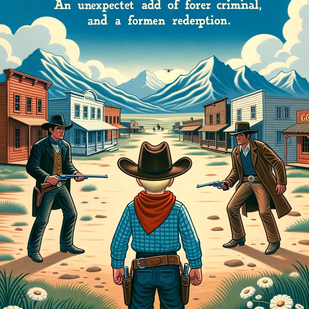 Une illustration pour enfants représentant un cow-boy courageux, affrontant les dangers de l'Ouest sauvage pour protéger sa ville bien-aimée, Dusty Creek.
