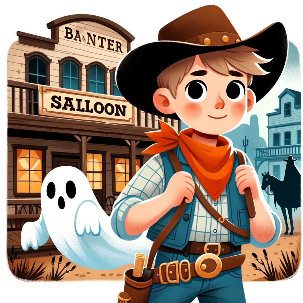 Une illustration pour enfants représentant un cow-boy courageux, explorant un saloon hanté dans l'immense Ouest américain.