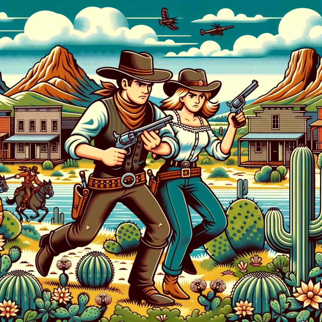Une illustration destinée aux enfants représentant un courageux cow-boy, affrontant des hors-la-loi avec l'aide d'une femme courageuse, dans une petite ville de l'Ouest américain entourée de collines, de cactus et de vastes étendues sauvages.