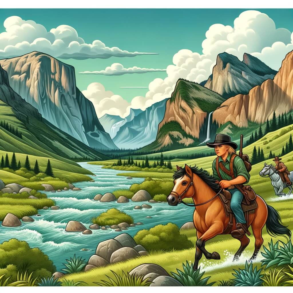 Une illustration pour enfants représentant un jeune cow-boy intrépide à la recherche d'or dans les vastes plaines de l'Ouest sauvage des États-Unis.