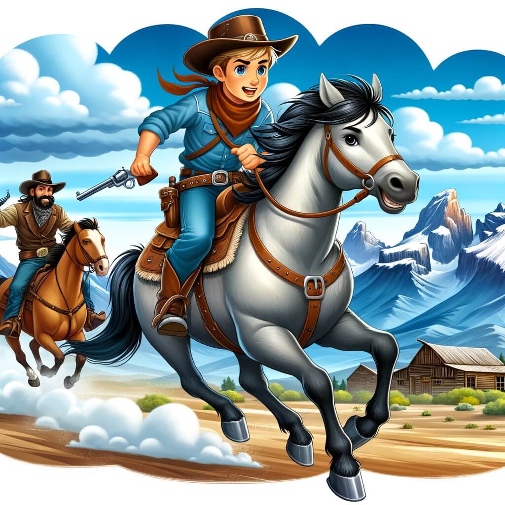 Une illustration pour enfants représentant un cow-boy courageux et solitaire, affrontant des bandits dans les vastes plaines de l'Ouest américain.