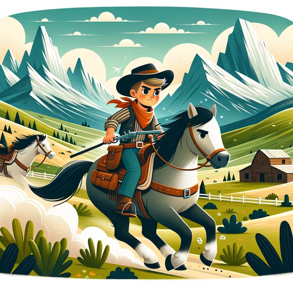 Une illustration destinée aux enfants représentant un jeune cow-boy courageux à cheval, affrontant des voleurs avec l'aide de son fidèle ami Tom, dans les vastes étendues de l'Ouest américain, où les collines verdoyantes rencontrent les majestueuses montagnes enneigées.