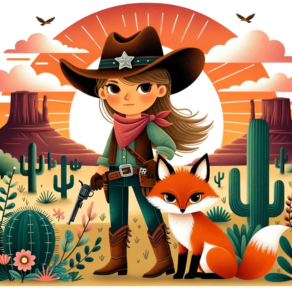 Une illustration destinée aux enfants représentant une courageuse cow-girl au chapeau de cow-boy, accompagnée d'un renard roux, dans un décor sauvage de l'Ouest américain avec de vastes plaines, des cactus et un soleil couchant.