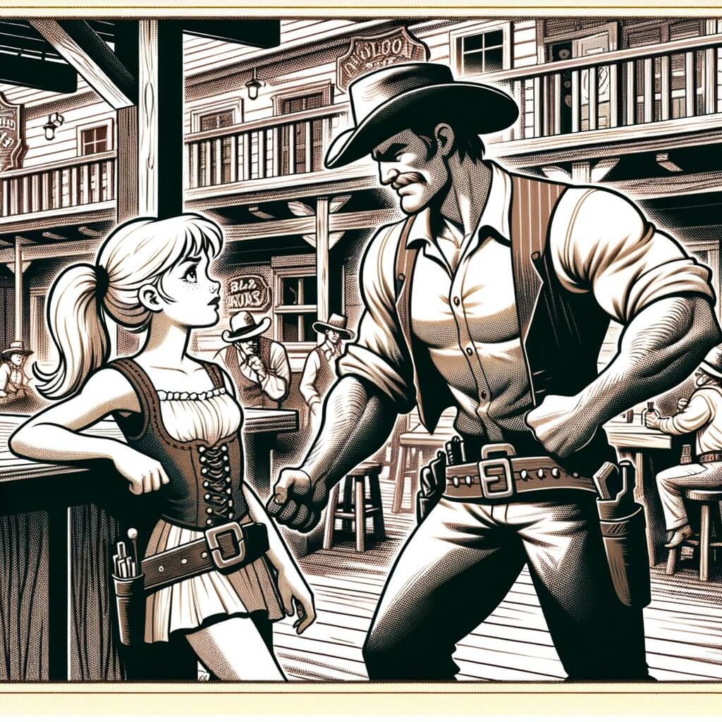 Une illustration destinée aux enfants représentant une jeune cow-girl courageuse, se trouvant dans un saloon animé d'un village de l'Ouest américain, où elle fait la rencontre d'un homme grand et costaud.