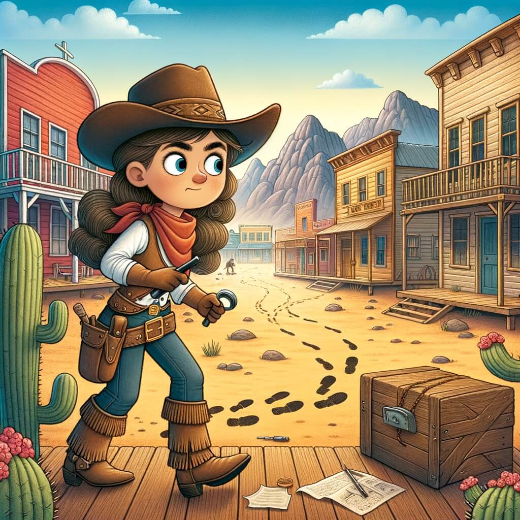 Une illustration pour enfants représentant une cow-girl courageuse et déterminée, confrontée à un vol mystérieux dans une petite ville de l'Ouest américain.