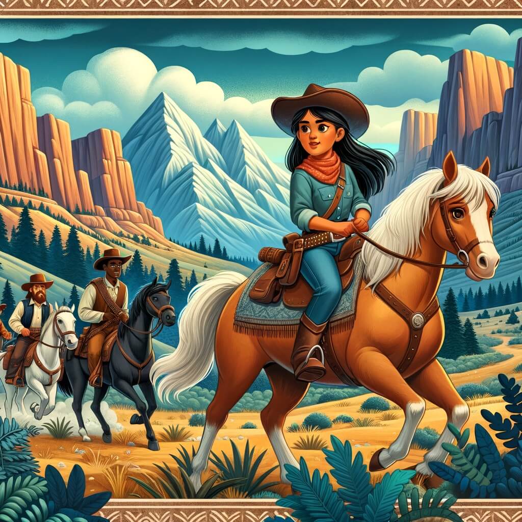 Une illustration destinée aux enfants représentant une courageuse cow-girl, chevauchant son fidèle destrier, traversant les vastes plaines de l'ouest sauvage, à la recherche d'un trésor caché, avec l'aide de deux autres cow-boys, dans les montagnes majestueuses où se trouve une grotte mystérieuse.