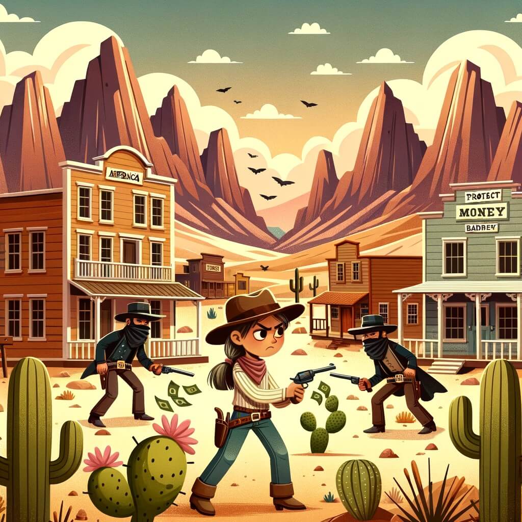 Une illustration pour enfants représentant une courageuse cow-girl qui devient shérif dans une ville de l'Ouest américain et doit faire face à des bandits dangereux.