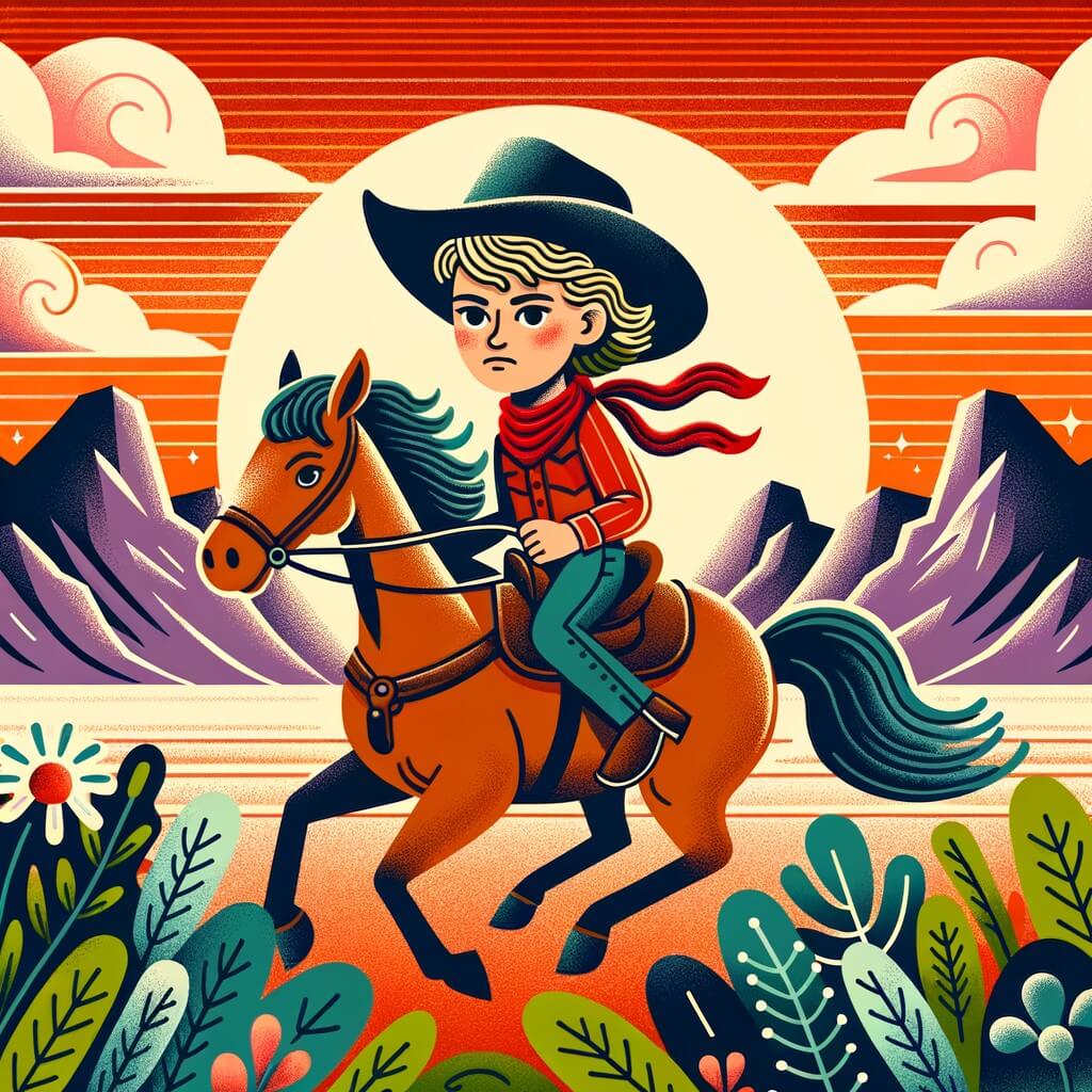 Une illustration pour enfants représentant une cowgirl intrépide, défiant les hors-la-loi dans les vastes plaines de l'Ouest sauvage.