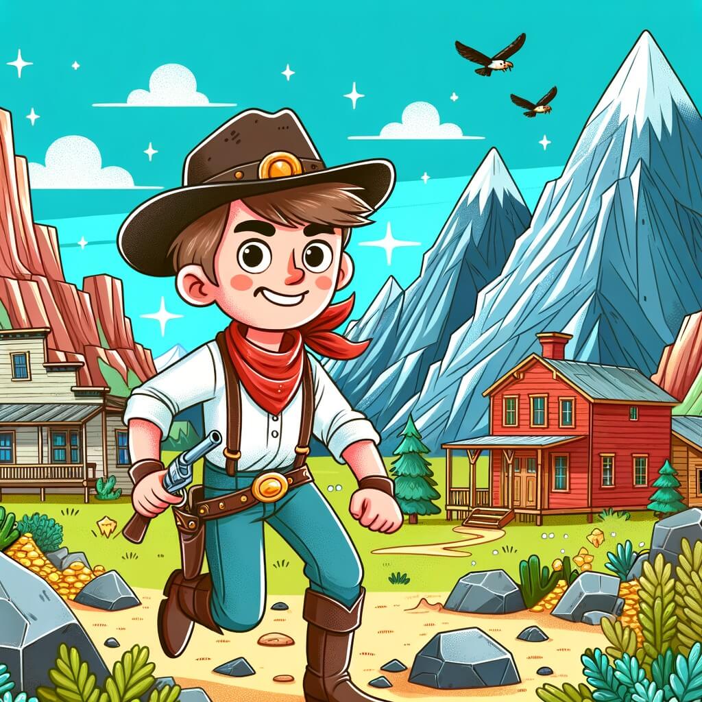 Une illustration pour enfants représentant un cow-boy courageux dans l'Ouest sauvage, prêt à affronter les dangers des montagnes Rocheuses pour trouver l'or dans une petite ville minière.