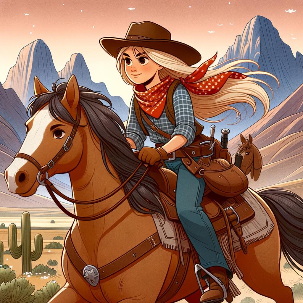 Une illustration destinée aux enfants représentant une jeune cowgirl intrépide, chevauchant à travers les vastes plaines de l'Ouest américain avec son fidèle cheval, à la recherche d'un trésor caché dans les montagnes majestueuses et escarpées du Wild West.
