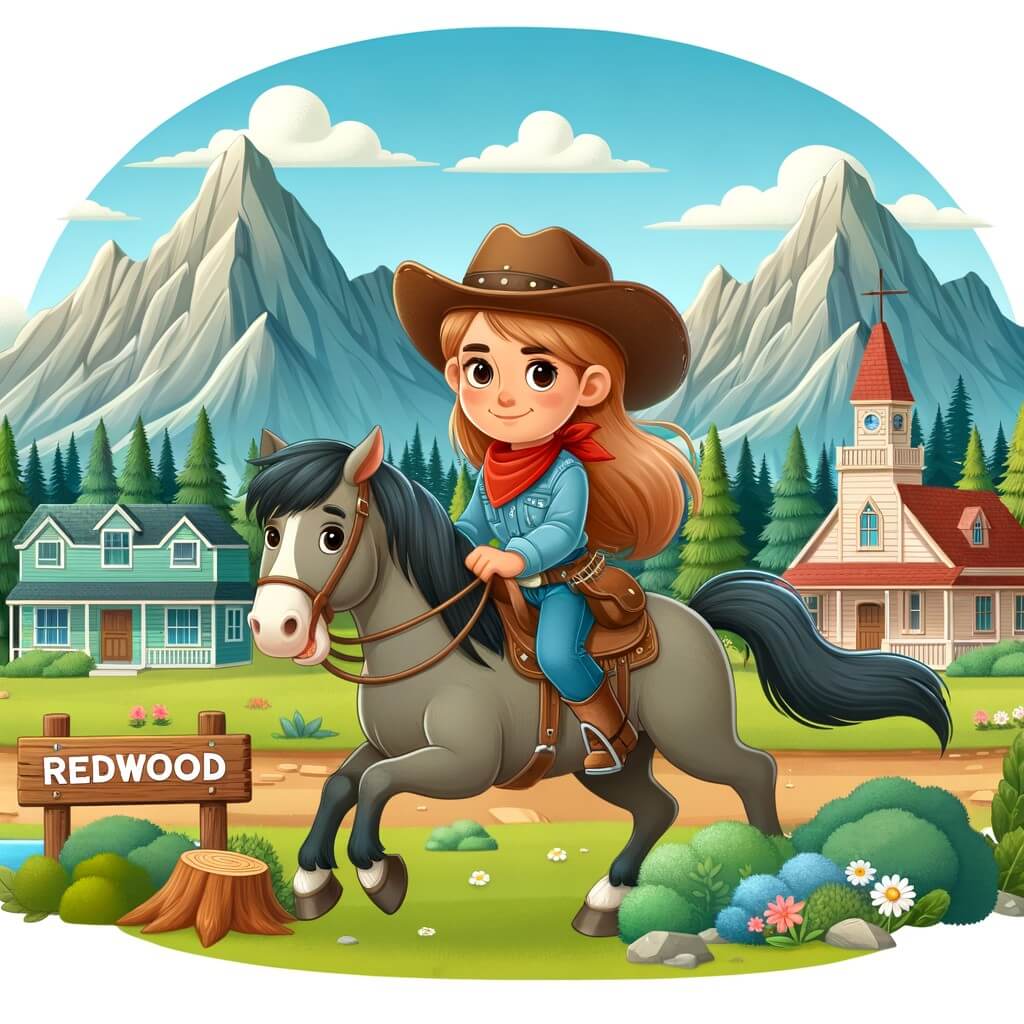 Une illustration destinée aux enfants représentant une cow-girl intrépide chevauchant à travers les vastes étendues sauvages de l'Ouest américain, accompagnée de son fidèle cheval, dans la pittoresque petite ville de Redwood, entourée de montagnes majestueuses et d'une vallée verdoyante.
