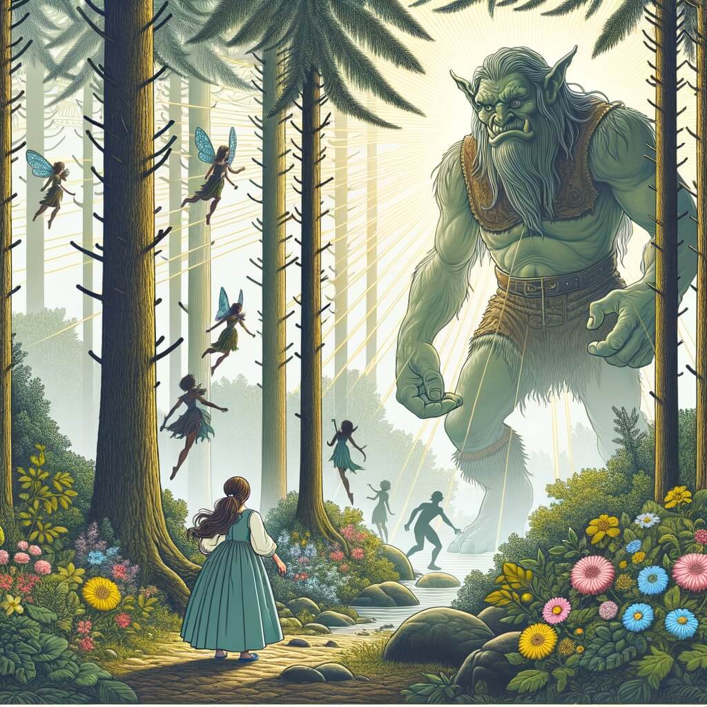 Une illustration destinée aux enfants représentant un imposant ogre solitaire, émerveillé par une rencontre inattendue avec une jeune fille courageuse, au cœur d'une forêt enchantée, avec des arbres majestueux, des fleurs colorées et des fées virevoltant dans les rayons du soleil.