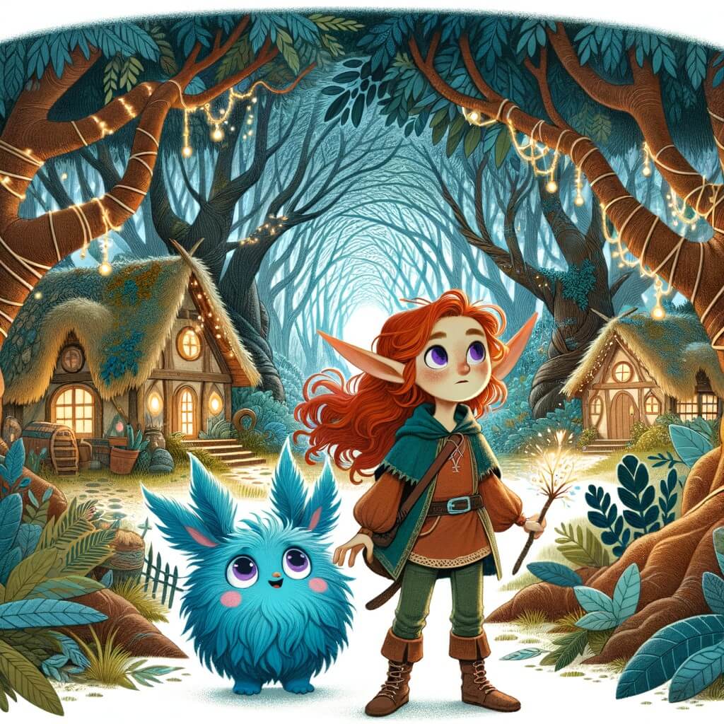 Une illustration destinée aux enfants représentant une jeune elfe aux cheveux roux et aux yeux violets, qui se trouve perdue dans une forêt enchantée, accompagnée de son fidèle compagnon, un animal magique duveteux de couleur bleue, dans un village elfique niché au cœur d'arbres majestueux aux branches entremêlées formant des arches chatoyantes, avec des maisons construites dans les arbres et des portes et fenêtres en forme de feuilles.