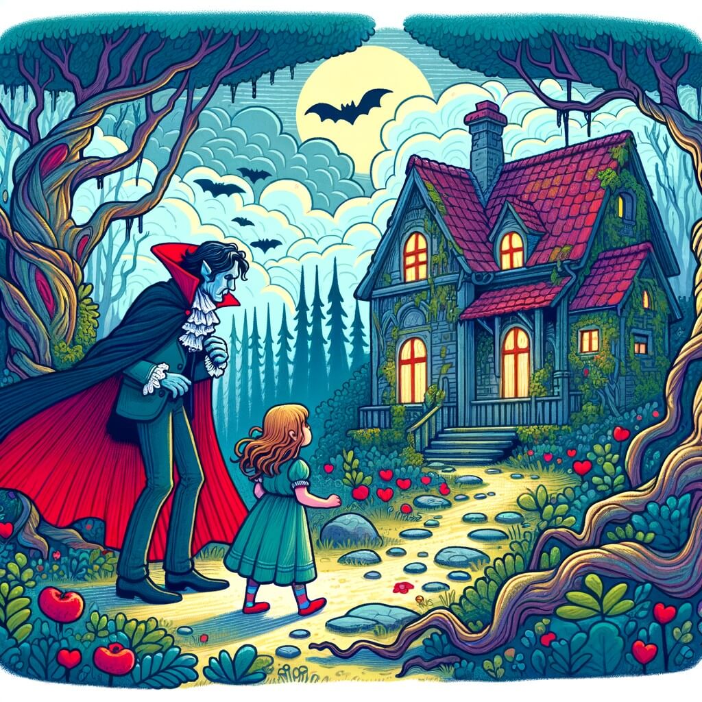 Une illustration destinée aux enfants représentant un vampire solitaire découvrant une vieille maison abandonnée, accompagné d'une jeune fille courageuse aux cheveux roux, dans une forêt enchantée où les arbres ont des feuilles en forme de cœurs et les nuages des couleurs vives.
