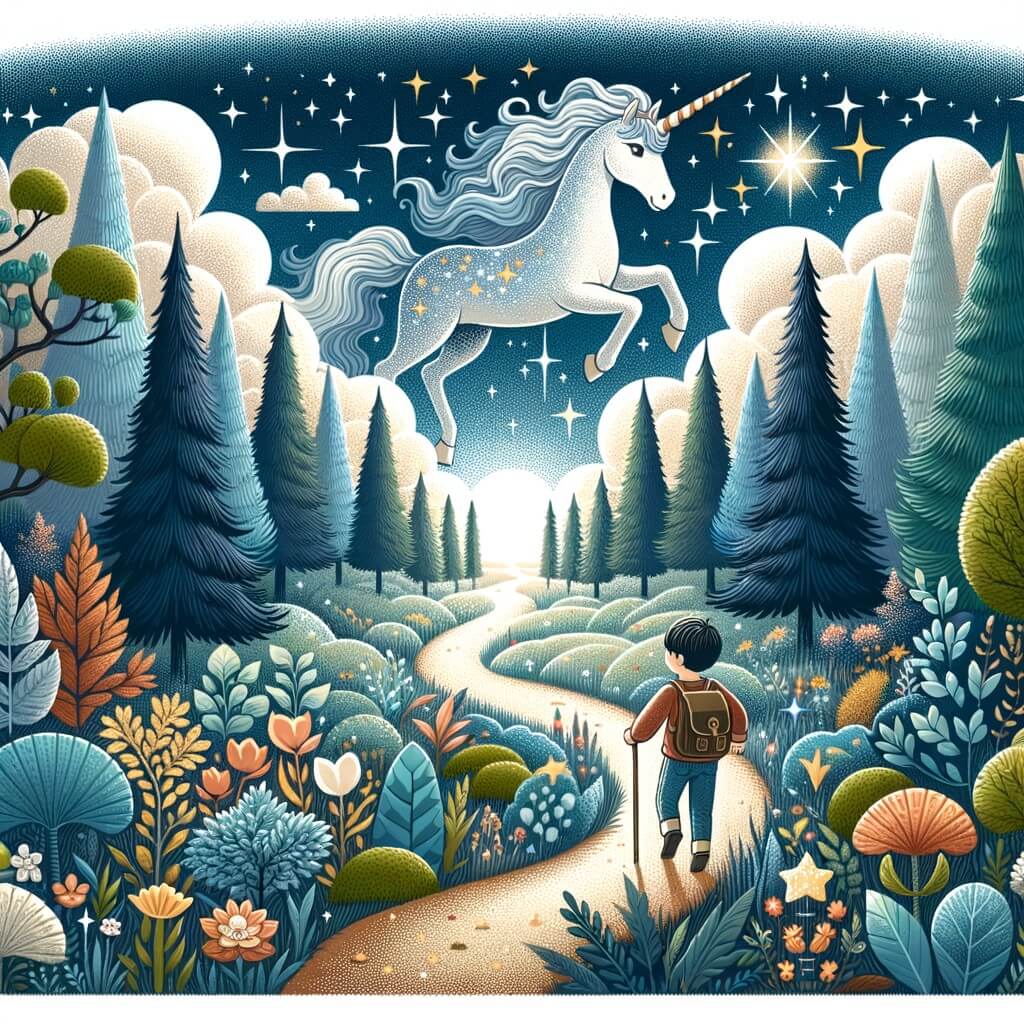 Une illustration destinée aux enfants représentant une licorne majestueuse et étincelante, accompagnée d'un jeune garçon, partant à l'aventure à travers une forêt enchantée où les arbres touchent les nuages et les clairières sont remplies de fleurs colorées, pour découvrir un monde rempli de créatures fantastiques et de magie.