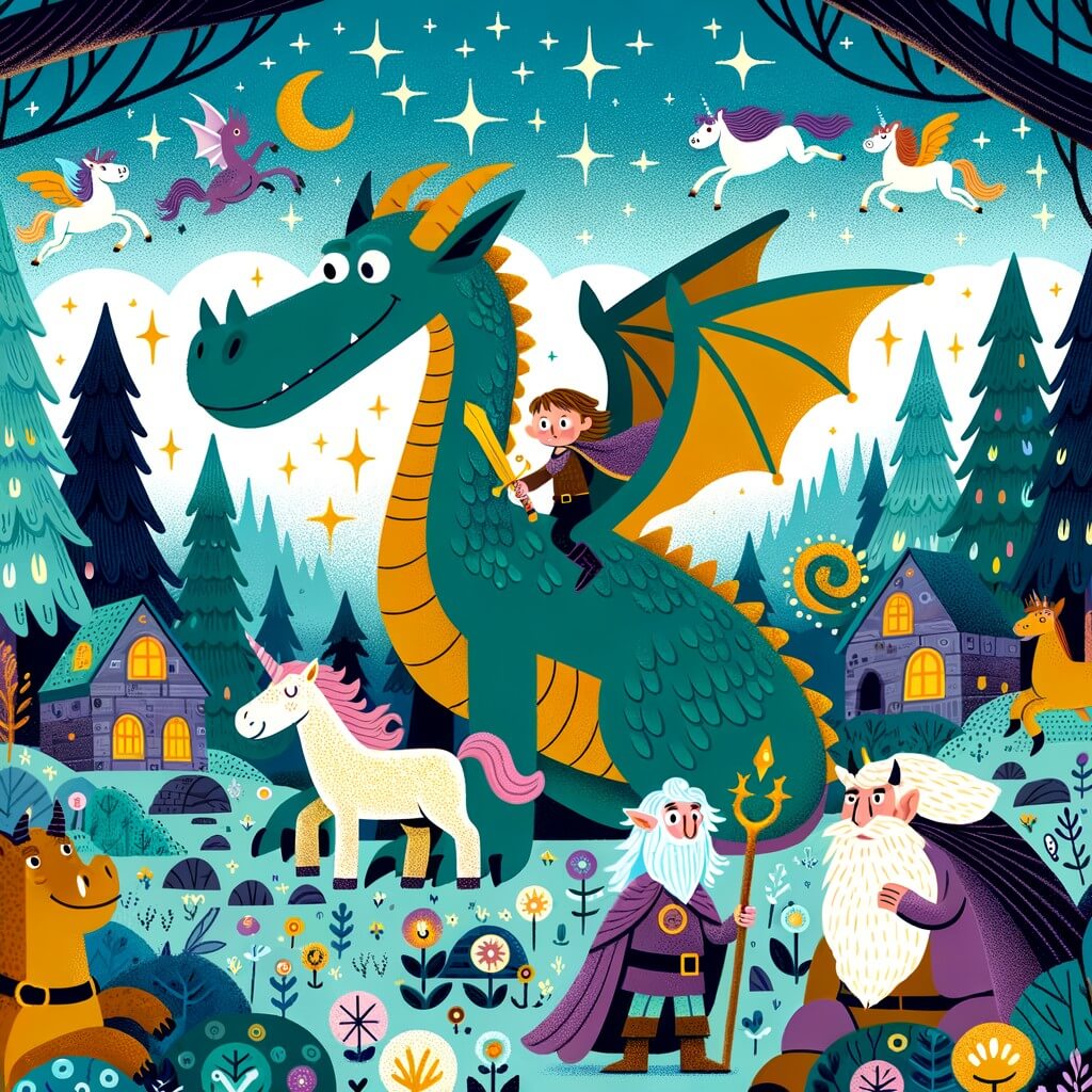 Une illustration destinée aux enfants représentant un majestueux dragon, faisant équipe avec une courageuse jeune fille, dans une forêt enchantée peuplée de licornes étincelantes, de trolls malicieux et de géants imposants, tandis qu'ils se lancent dans une quête pour sauver leur village bien-aimé des griffes d'un sorcier maléfique.